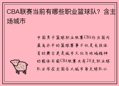 CBA联赛当前有哪些职业篮球队？含主场城市