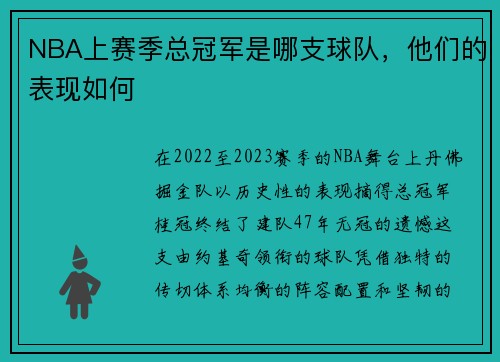 NBA上赛季总冠军是哪支球队，他们的表现如何
